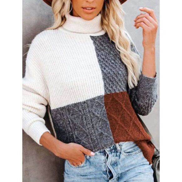 Red & Gray Colorblock Print Cable Knit Turtleneck Long Sleeve Pullover Sweater - Picture 1 of 10